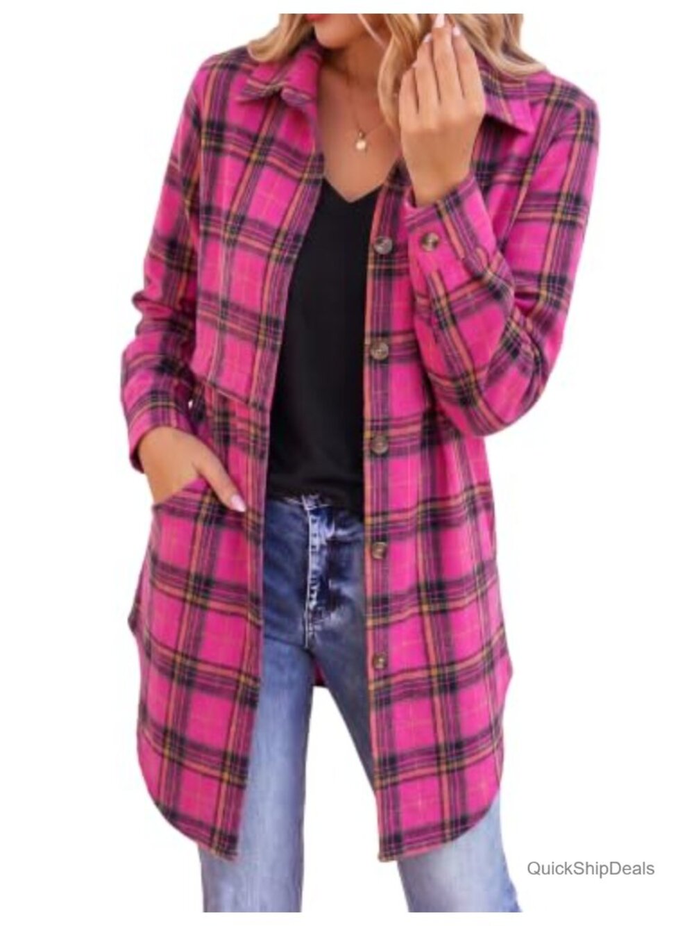 Womens Flannel Shirt Long Sleeve Plaid Button Down Loose Fit Knee Length